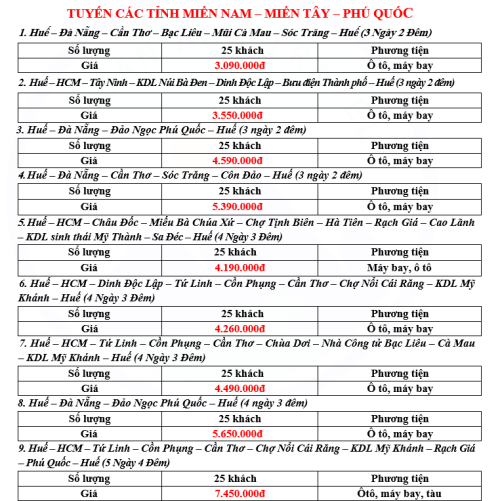 List tour đoàn miền Nam